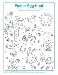 an easter egg hunt coloring page with rabbits and birds in the grass, flowers and trees