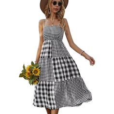 Black Plaid Print Spaghetti Straps Swing Dress Black Square Neck Picnic Dress, Casual Spaghetti Strap Dress For Picnic, Women Dresses Casual, Boho Plaid, Boho Casual, Boho Stil, Plaid Print, Plaid Dress, Geometric Designs