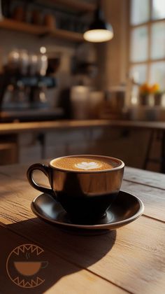 a cup of coffee sitting on top of a wooden table