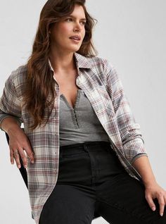 FIT Model is 5’9” wearing size 1. . Measures 31” from shoulder (size 2). MATERIALS + CARE Softest Flannel woven fabric. . 85% rayon, 15% acrylic. Machine wash cold. Tumble dry low. Imported. DETAILS Collared neckline. Long sleeves. The best plus size women's lizzie softest flannel shirt long sleeve tops in grey plaid made of acrylic. Torrid is your destination for cozy fall and winter clothes to keep you warm and comfortable. Red Cami, Vintage Flannel, Older Fashion, Grey Plaid, Sleeveless Pullover, Tops Fall, Wearing Red, Soft Flannel, Black Plaid