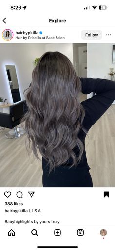 Grey Tone Balayage, Mushroom Grey Hair Color Balayage, Silver Dark Brown Hair, Ash Brown Full Hair Color, Long Ashy Brown Hair, Balayage Hair Mushroom Brown, Ashy Brown Black Hair, Smokey Ash Grey Hair Balayage, Dark Ashy Hair Color