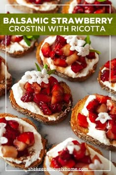 several small crostini with ricotta and strawberries on them are shown here