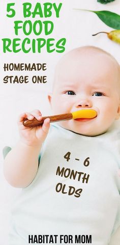 a baby with a spoon in it's mouth and the words, 5 baby food recipes homemade stage one