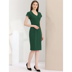 This slim dress adds a touch of elegance and vintage to your wardrobe. Suitable for spring/summer and for many occasions, such as office, wedding, vacation, going out, shopping, dating. Lightweight, breathable and comfy. This dress makes you look thinner. Pair it with high heels and handbag to create a fashion and graceful look. Green V-neck Office Dress, Green Knee-length Semi-formal Midi Dress, Green Semi-formal Knee-length Midi Dress, Summer V-neck Business Casual Dresses, Green Short Sleeve Semi-formal Dress, Green Knee-length Midi Dress For Semi-formal Occasions, Knee-length Summer Dresses For Office Wear, Knee-length Summer Dress For Office, Summer Knee-length Dresses For Office Wear