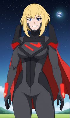 an anime character with blonde hair and blue eyes wearing a red cape, standing in front of the night sky