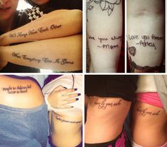 four different pictures with tattoos on their legs and the words, i love you mom