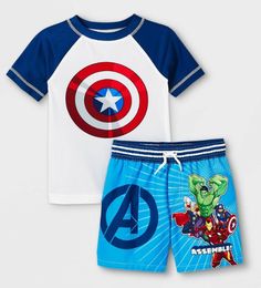 Marvel Avengers Child 2 piece Swim Set: Swim Shirt & Trunks. Sizes 2T, 3T, 4T, & 5T (whiles supplies last). Condition is "New with tags". Shipped with USPS First Class. Marvel Young Avengers, Avengers Logo, Catalog Bag, Marvel Merchandise, Swim Shirt, Young Avengers, Kiddie Pool, Beach Adventure, Swim Shirts