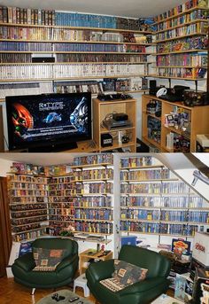 there are two chairs in front of the television and many movies on shelves behind them