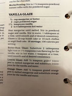 the recipe for vanilla glaze is displayed in an open book