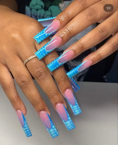 Pool Nails, Teal Nails, Sassy Nails, Long Acrylic Nail Designs, Blue Acrylic Nails, Drip Nails