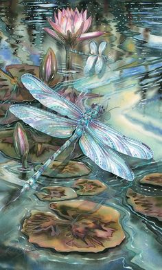 a dragonfly sitting on top of lily pads in the water