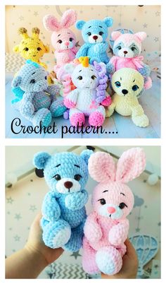 crocheted stuffed animals are shown in different colors and sizes, with the words crochet pattern below them