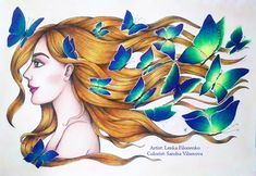 a drawing of a woman with long hair and blue butterflies on her head is shown