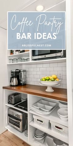 a kitchen with white cabinets and an open shelf filled with plates, bowls and cups