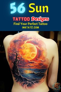 the back of a woman's body with tattoos on it and an image of a sunset