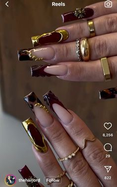 Nail Inspo Burgundy, Burgundy And Leopard Nails, Baddie Square Nails, Red And Brown Nails, Pirate Themed Nails, Burgundy Nails Design, Brown Nail Set, Old Hollywood Nails, Burgundy And Cheetah Nails