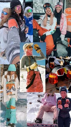 the collage shows many different pictures of people on skis, snowboards and snowboards