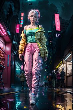 a woman with pink hair walking down a city street in neon colored pants and an oversize jacket