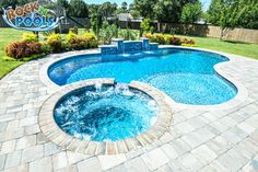 a backyard with a pool and hot tub