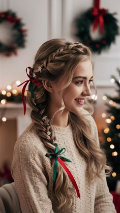 Impress at your next holiday gathering with these braided Christmas hairstyles. Perfect for creating a festive yet intricate look that stands out. Hairstyles For December, Classic Low Bun, Easy Christmas Hairstyles, Hairstyles For Christmas, Fun Christmas Hairstyles, Christmas Hairstyle, Shimmer Spray, Holiday Party Hair, Christmas Party Hairstyles