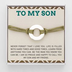 a bracelet with a ring on it that says to my son