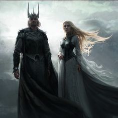 a man and woman dressed in medieval clothing standing next to each other on a cloudy day