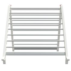 a white metal rack with four rows of shelves on each side and one shelf below it