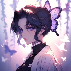 a woman with dark hair and butterfly wings on her head is staring into the distance