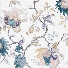 a floral wallpaper with blue, pink and yellow flowers on white background is featured in this image