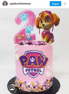 a pink birthday cake with paw patrol characters on it