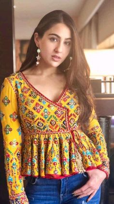 Navratri Top With Jeans, Indo Western Tops For Jeans, Navratri Tops, Yellow Kurti With Jeans, Ethnic Tops For Jeans, Indian Blouses, Ethnic Jacket, Embroidery Jacket