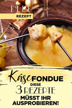 an advertisement for a restaurant called kissfondue, with grapes and bread in the background