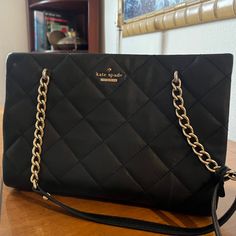 Large Quilted Black Kate Spade Handbag. Excellent Condition Kate Spade Leather Pouch Shoulder Bag, Luxury Kate Spade Bag With Chain Strap, Kate Spade Shoulder Bag With Chain Strap For Travel, Kate Spade Shoulder Bag With Chain Strap, Chic Kate Spade Pouch Shoulder Bag, Kate Spade Formal Shoulder Bag With Chain Strap, Kate Spade Formal Bag With Chain Strap, Formal Kate Spade Shoulder Bag With Chain Strap, Kate Spade Travel Bag With Chain Strap