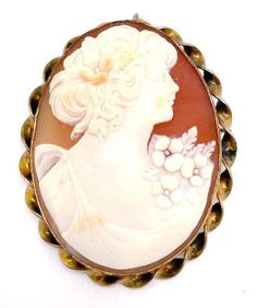 Lady's vintage, gold plated, cameo brooch. Beautifully carved shell cameo is set in a classic, twisted frame. This piece weighs approximately 17.6 grams and is gold plated. It is in excellent condition and would make a beautiful addition to your vintage jewelry collection. Carved Shell, Cameo Brooch, Vintage Gold, Brooch Pin, Brooches, Jewelry Collection, Vintage Jewelry, Shells, Gold Plate