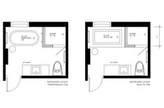 the floor plan for a small bathroom with two sinks and a toilet in one room