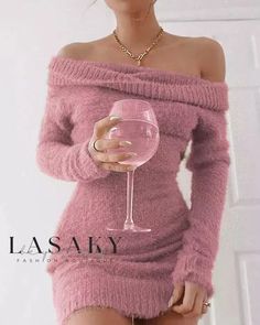 Lasaky - Stylish Long Sleeve Fuzzy Bodycon Dress with Off-Shoulder Design Womens Winter Dresses, Club Outfits For Women, Bodycon Sweater, Bodycon Sweater Dress, Pink Y2k, Fall Winter Dresses, Long Sweater Dress, Body Con Dress, Off Shoulder Sweater