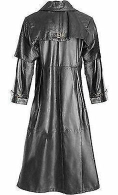 a women's black leather trench coat