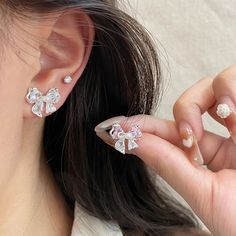 Material: Alloy Fashion Element: Bow Style: Sweet Cute Silver Flower Earrings, Pink Zircon, Bow Style, Korean Earrings, Bow Jewelry, Bow Earrings, Watch Necklace, Ear Jewelry, Ring Bracelet