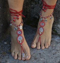 This listing is for a PAIR of barefoot sandals. Beautiful and unique barefoot sandals with a spring vibration. They look great as necklace or on the hands too :) Handmade crocheted with love and care using waxed polyester cord, tree of life tibetan silver links,tibetan silver leaf and peace charms, tibetan silver beads, wooden beads, greek ceramic beads and czech seed beads. The lace is long enough to wrap it 2 times around the leg. These sandals are very resistant and suitable for many environm Bohemian Beaded Barefoot Sandals For Wedding, Traditional Beaded Toe Ring Barefoot Sandals, Beaded Toe Ring Barefoot Sandals As Gift, Beaded Toe Ring Barefoot Sandals For Gift, Traditional Handmade Toe Ring Barefoot Sandals, Traditional Toe Ring Barefoot Sandals For Beach, Traditional Wedding Jewelry For Summer, Traditional Adjustable Beaded Barefoot Sandals, Traditional Summer Wedding Jewelry