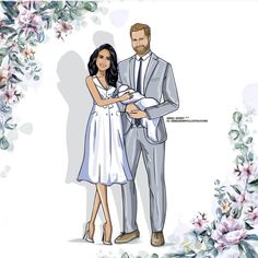 a drawing of a man and woman holding a baby in their arms with flowers around them