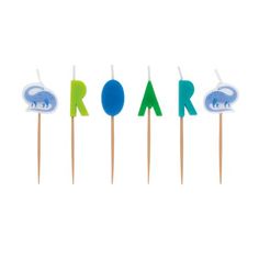 four toothpicks with the word roar spelled out in different colors and shapes on them