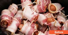 bacon wrapped in toothpicks are sitting in a slow cooker