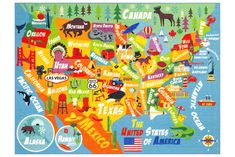 a map of the united states is shown in this colorful area rug with animals and other things on it