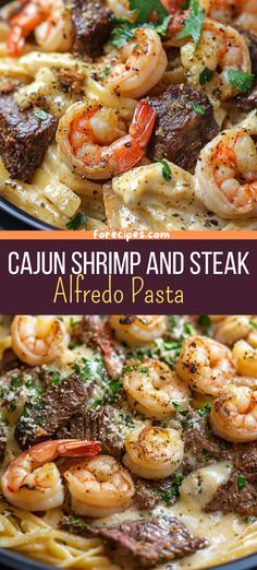 Shrimp And Steak Alfredo Pasta, Steak Alfredo Pasta, Steak Alfredo, Steak Pasta, Pasta Recipes Alfredo, Steak And Shrimp, Hearty Comfort Food, Shrimp Dinner, Cozy Dinner