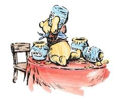 a winnie the pooh bear sitting at a table with blue jars on top of it