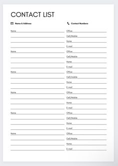 a printable contact list is shown in black and white, with the word contact on it