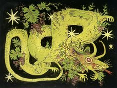 a painting of a yellow dragon with stars around it's neck and tail, on a black background