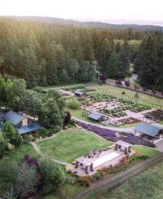 an aerial view of a farm with lots of trees