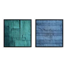 two framed photographs with blue and green paper on them, one in the shape of a rectangle