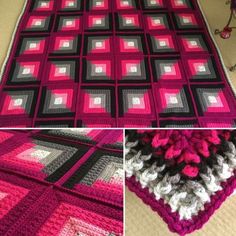 three pictures showing the same pattern as they appear in this crocheted blanket and afghan